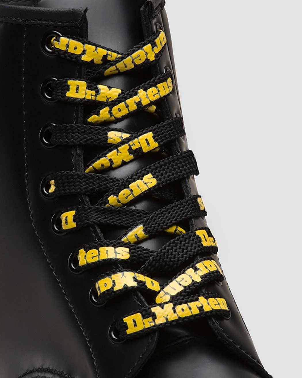 Dr. Martens 140CM 8-10 Eye Flat Laces - Black with Yellow Logo - Image 3
