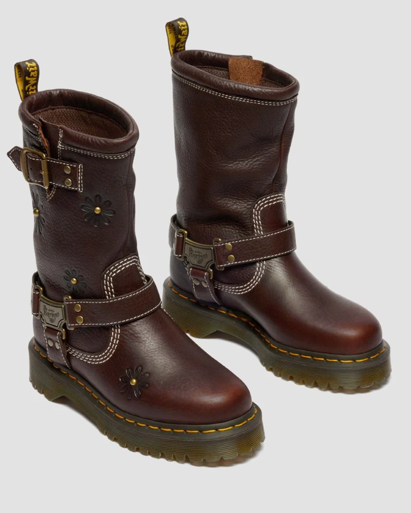 Dr. Martens Anistone Hi Flower Rigger Boot - Dark Brown Grizzly - Image 5