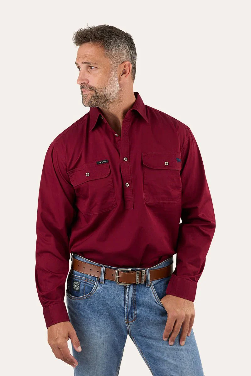 Ringers Western King River Mens Half Button Work Shirt - Burgundy